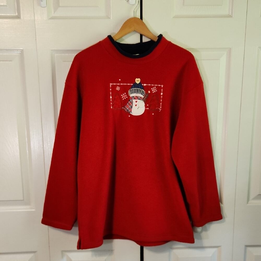 Vintage Top Stitch Womens Red Fleece Pullover Size XL Snowman Embroidered Soft